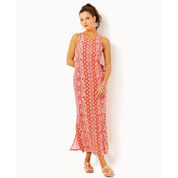 LILLY PULITZER SIZE XL ULLA MAXI DRESS *HARBOUR VIEW* FLAMINGO FEATHER CORAL - Picture 1 of 7